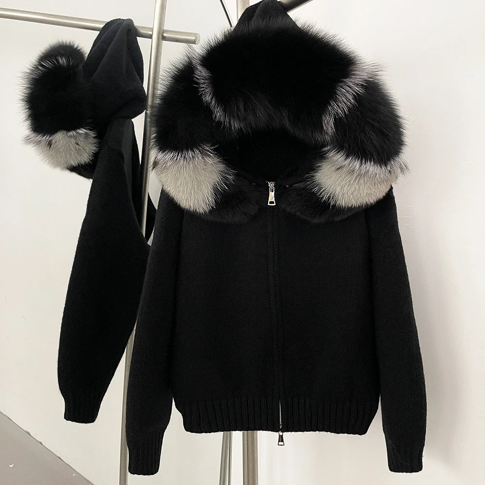 2024 Fashion Autumn Winter Casual Hooded Real Fox Fur Collar Fashion Short Knitted Jacket with Natural Fur Coat for Women