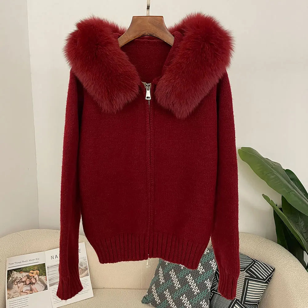 2024 Fashion Autumn Winter Casual Hooded Real Fox Fur Collar Fashion Short Knitted Jacket with Natural Fur Coat for Women