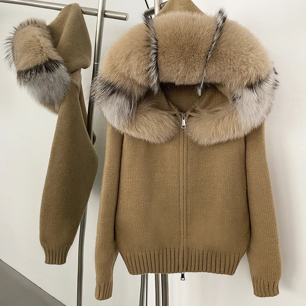 2024 Fashion Autumn Winter Casual Hooded Real Fox Fur Collar Fashion Short Knitted Jacket with Natural Fur Coat for Women