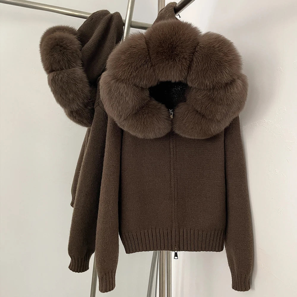 2024 Fashion Autumn Winter Casual Hooded Real Fox Fur Collar Fashion Short Knitted Jacket with Natural Fur Coat for Women